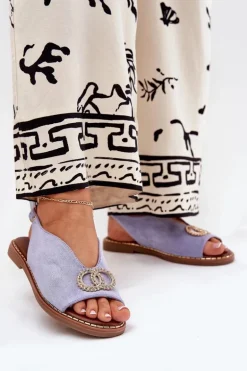 Sandały Damskie Z Ozdobą Na Płaskim Obcasie Eko Zamszowe Niebieskie Ralisses