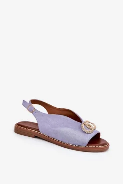 Sandały Damskie Z Ozdobą Na Płaskim Obcasie Eko Zamszowe Niebieskie Ralisses