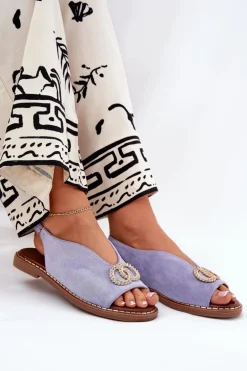 Sandały Damskie Z Ozdobą Na Płaskim Obcasie Eko Zamszowe Niebieskie Ralisses