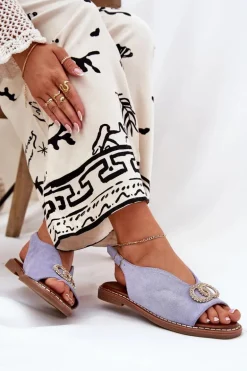 Sandały Damskie Z Ozdobą Na Płaskim Obcasie Eko Zamszowe Niebieskie Ralisses