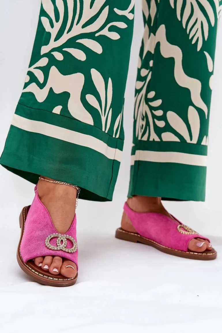 Sandały Damskie Z Ozdobą Na Płaskim Obcasie Eko Zamszowe Różowe Ralisses