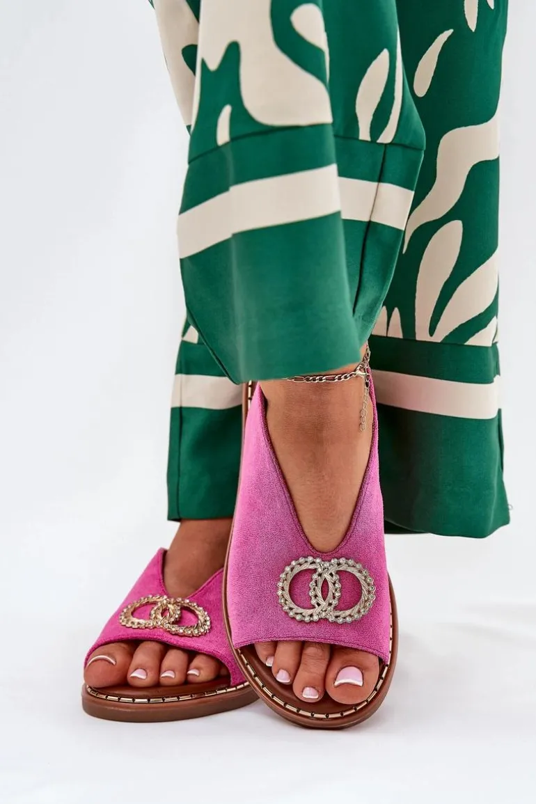 Sandały Damskie Z Ozdobą Na Płaskim Obcasie Eko Zamszowe Różowe Ralisses