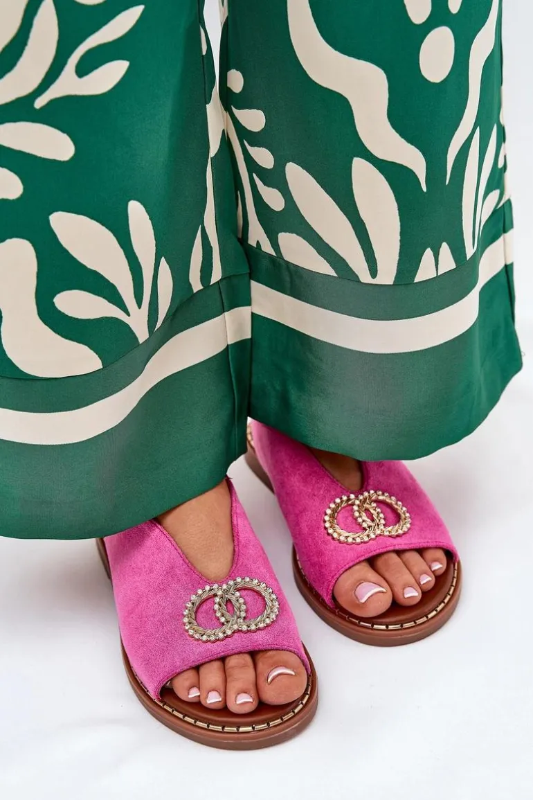 Sandały Damskie Z Ozdobą Na Płaskim Obcasie Eko Zamszowe Różowe Ralisses