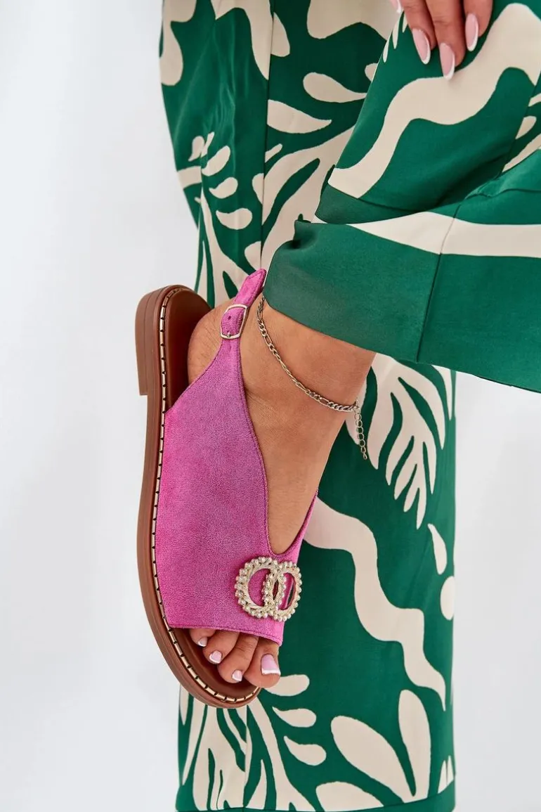 Sandały Damskie Z Ozdobą Na Płaskim Obcasie Eko Zamszowe Różowe Ralisses