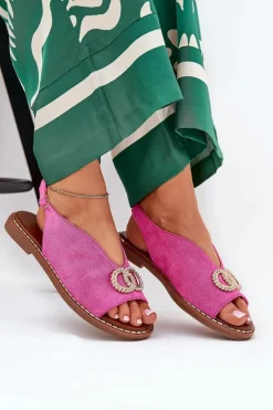 Sandały Damskie Z Ozdobą Na Płaskim Obcasie Eko Zamszowe Różowe Ralisses