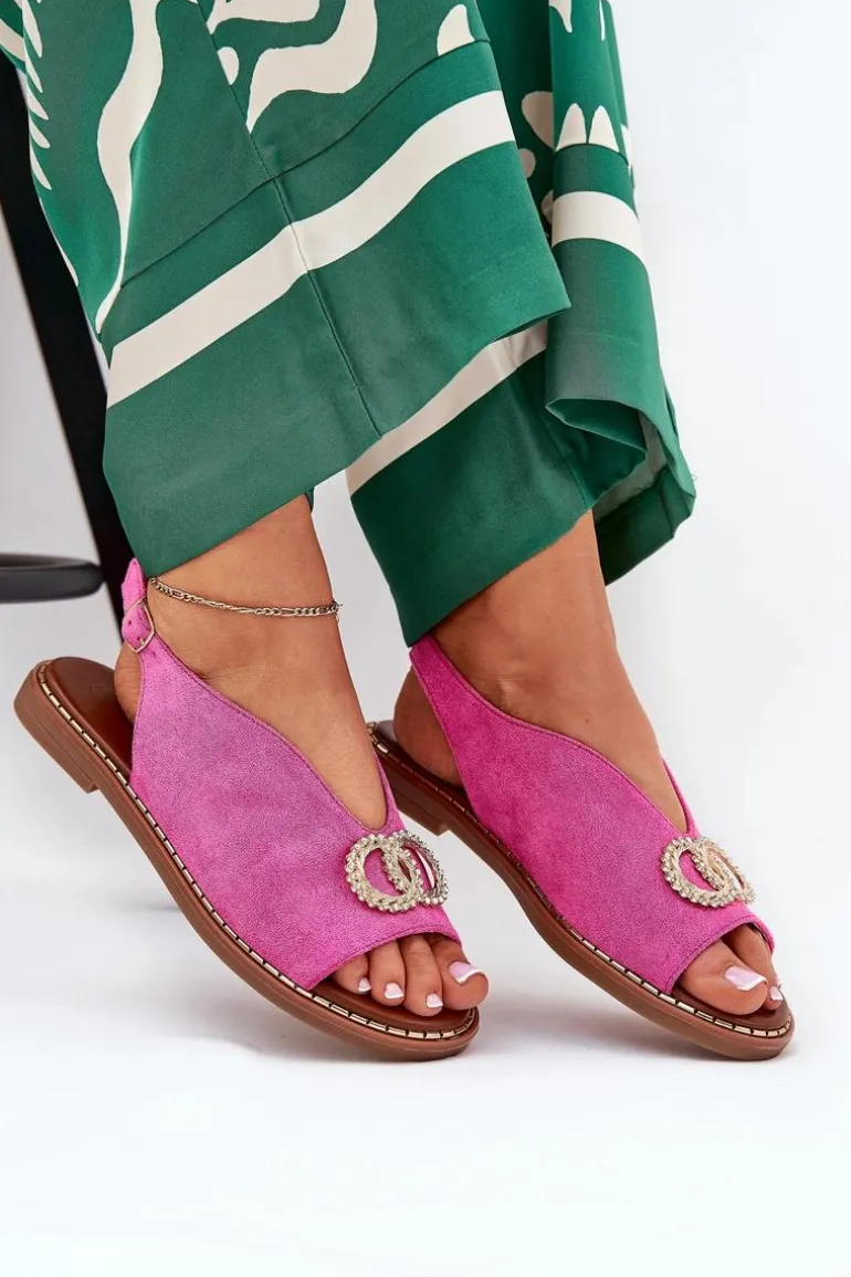 Sandały Damskie Z Ozdobą Na Płaskim Obcasie Eko Zamszowe Różowe Ralisses