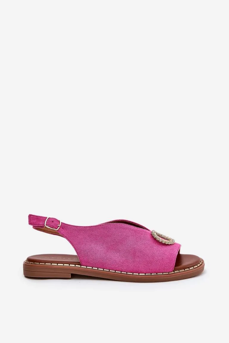 Sandały Damskie Z Ozdobą Na Płaskim Obcasie Eko Zamszowe Różowe Ralisses