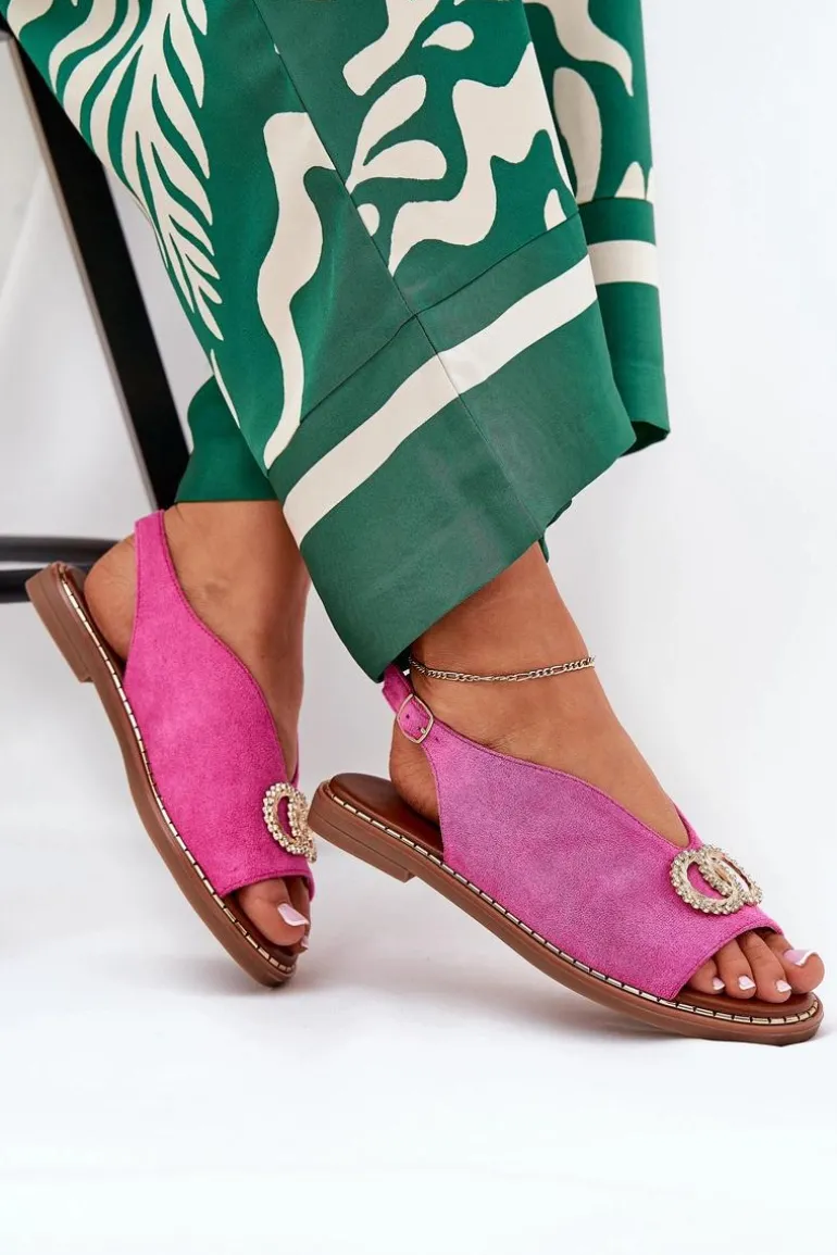 Sandały Damskie Z Ozdobą Na Płaskim Obcasie Eko Zamszowe Różowe Ralisses