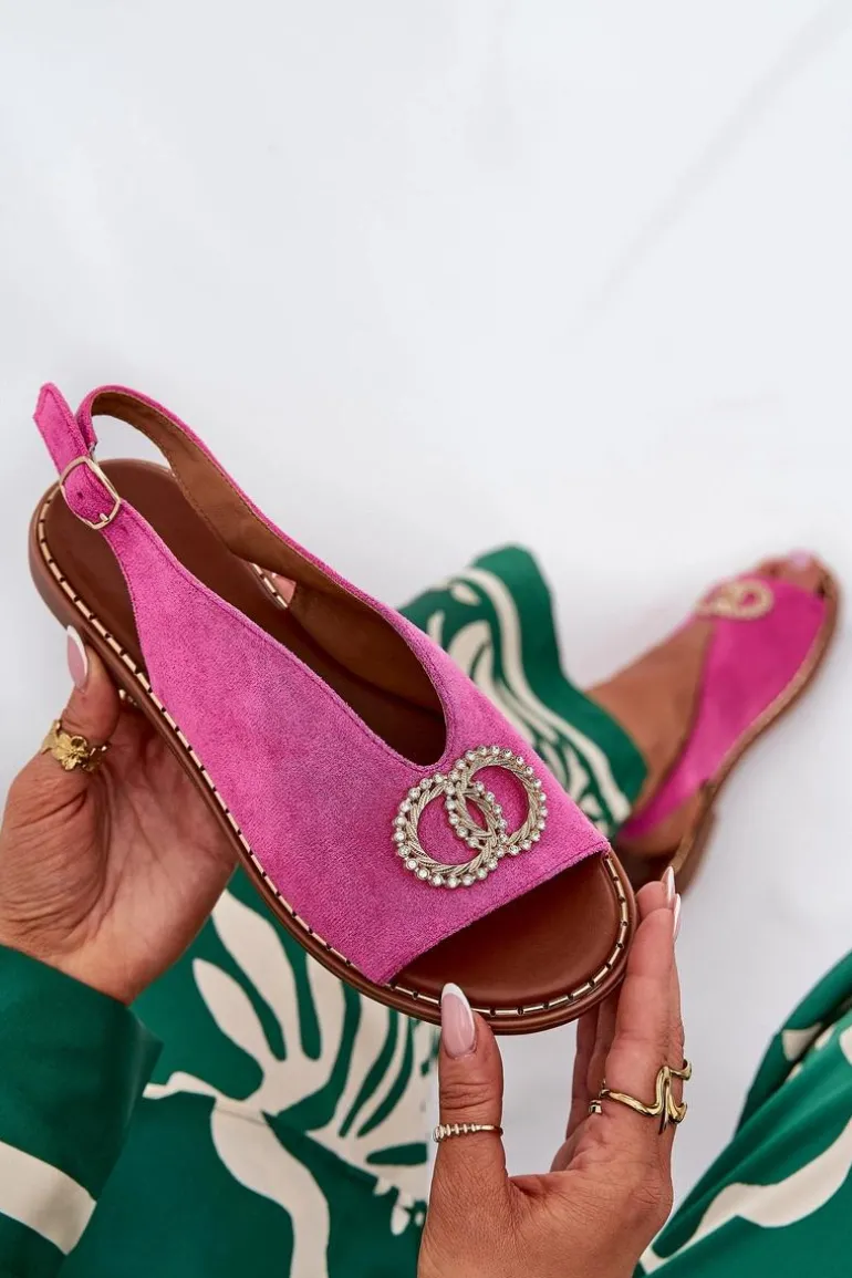 Sandały Damskie Z Ozdobą Na Płaskim Obcasie Eko Zamszowe Różowe Ralisses