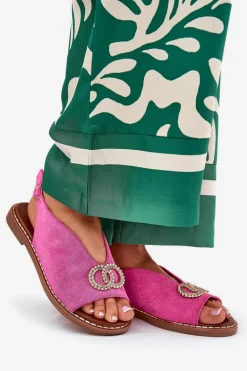 Sandały Damskie Z Ozdobą Na Płaskim Obcasie Eko Zamszowe Różowe Ralisses