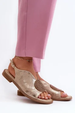 Sandały Damskie Z Ozdobą Na Płaskim Obcasie S.Barski KV24-057 Złote