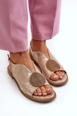 Sandały Damskie Z Ozdobą Na Płaskim Obcasie S.Barski KV24-057 Złote