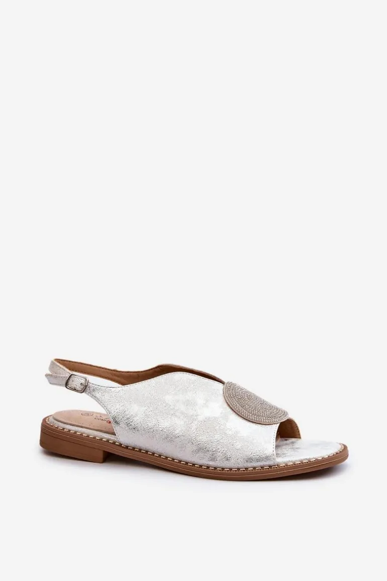 Sandały Damskie Z Ozdobą Na Płaskim Obcasie S.Barski KV24-057 Srebrne