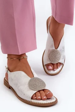 Sandały Damskie Z Ozdobą Na Płaskim Obcasie S.Barski KV24-057 Srebrne