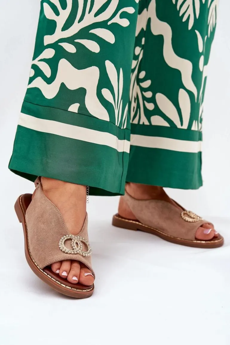 Sandały Damskie Z Ozdobą Na Płaskim Obcasie Eko Zamszowe Ciemnobeżowe Ralisses