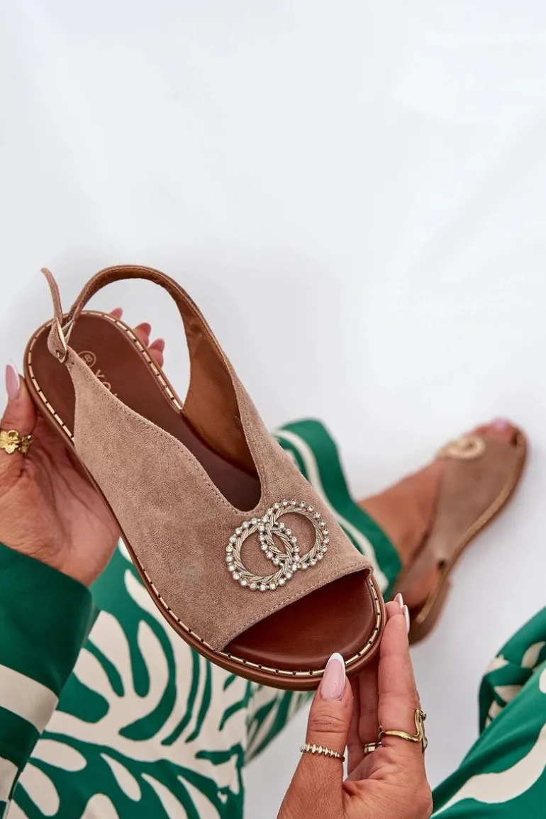 Sandały Damskie Z Ozdobą Na Płaskim Obcasie Eko Zamszowe Ciemnobeżowe Ralisses