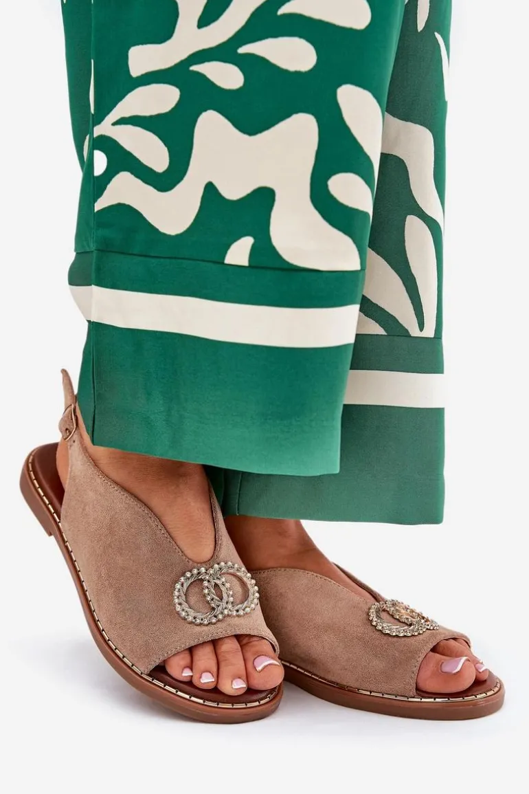 Sandały Damskie Z Ozdobą Na Płaskim Obcasie Eko Zamszowe Ciemnobeżowe Ralisses