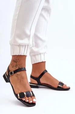 Sandały Damskie Z Ozdobnym Paskiem Płaskie Czarne Adissa