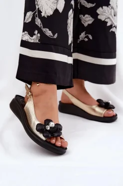 Sandały Damskie Z Ozdobnym Kwiatkiem Złote Divonne
