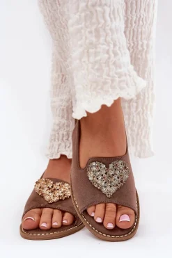 Sandały Damskie Z Ozdobnym Sercem S.Barski KV27-018 Ciemnobeżowe