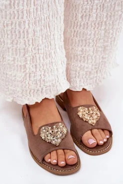 Sandały Damskie Z Ozdobnym Sercem S.Barski KV27-018 Ciemnobeżowe