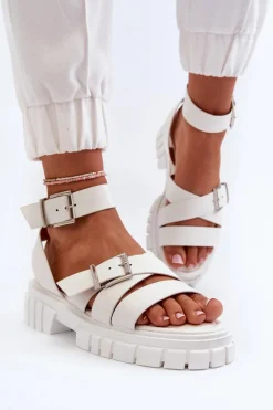 Sandały Damskie Z Paskami Eko Skórzane Białe Eladira