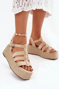 Sandały Damskie Z Paskami I Plecionką Beżowe Pardauss