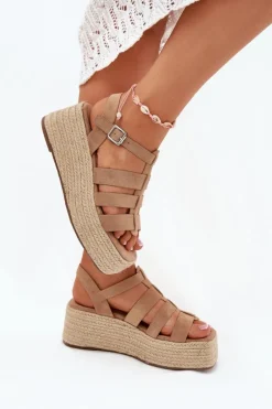 Sandały Damskie Z Paskami I Plecionką Khaki Pardauss