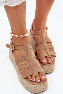 Sandały Damskie Z Paskami I Plecionką Khaki Pardauss