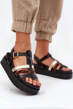 Sandały Damskie Z Paskami Na Platformie Czarne Gallari