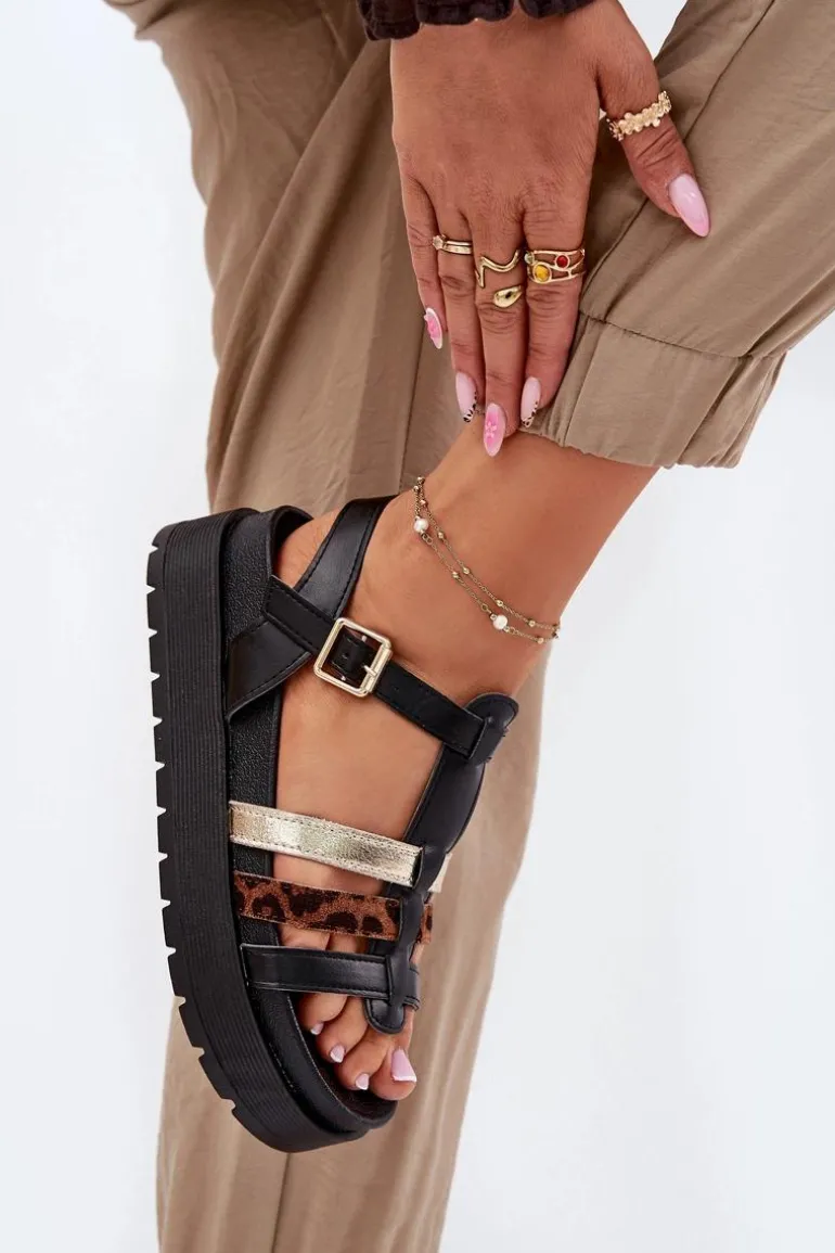 Sandały Damskie Z Paskami Na Platformie Czarne Gallari