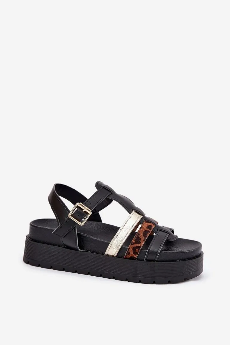 Sandały Damskie Z Paskami Na Platformie Czarne Gallari