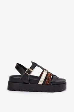Sandały Damskie Z Paskami Na Platformie Czarne Gallari