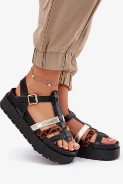Sandały Damskie Z Paskami Na Platformie Czarne Gallari
