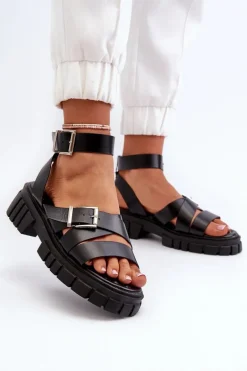 Sandały Damskie Z Paskami Eko Skórzane Czarne Eladira