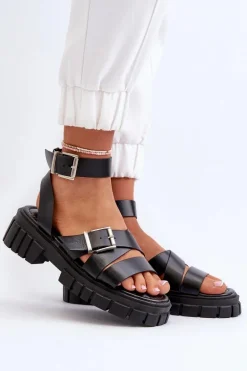 Sandały Damskie Z Paskami Eko Skórzane Czarne Eladira