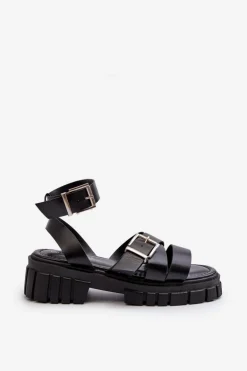 Sandały Damskie Z Paskami Eko Skórzane Czarne Eladira
