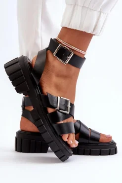 Sandały Damskie Z Paskami Eko Skórzane Czarne Eladira