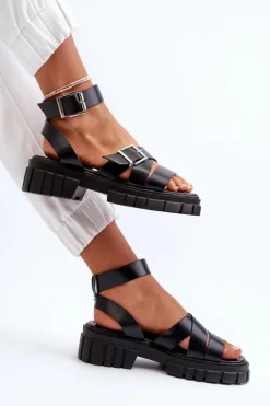 Sandały Damskie Z Paskami Eko Skórzane Czarne Eladira