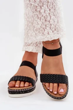 Sandały Damskie Z Plecionką Na Zdobionej Platformie Czarne Velara