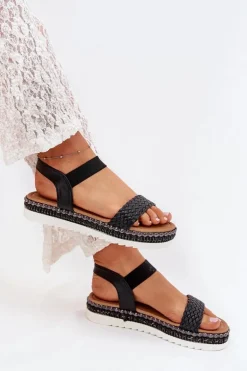 Sandały Damskie Z Plecionką Na Zdobionej Platformie Czarne Velara