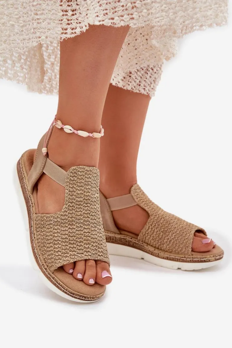 Sandały Damskie Z Plecionką Beżowo-Złote Jelana