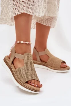 Sandały Damskie Z Plecionką Beżowo-Złote Jelana