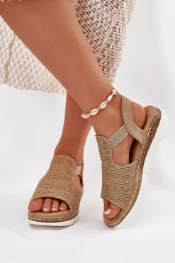 Sandały Damskie Z Plecionką Beżowo-Złote Jelana