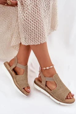 Sandały Damskie Z Plecionką Beżowo-Złote Jelana