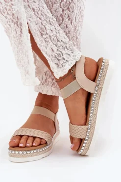 Sandały Damskie Z Plecionką Na Zdobionej Platformie Beżowe Velara