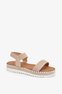 Sandały Damskie Z Plecionką Na Zdobionej Platformie Beżowe Velara