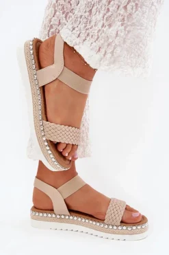 Sandały Damskie Z Plecionką Na Zdobionej Platformie Beżowe Velara