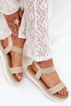 Sandały Damskie Z Plecionką Na Zdobionej Platformie Beżowe Velara
