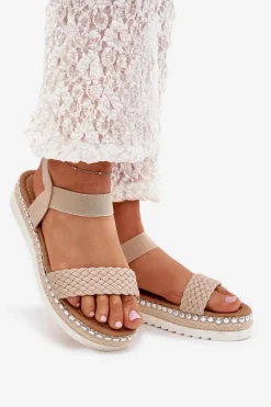 Sandały Damskie Z Plecionką Na Zdobionej Platformie Beżowe Velara
